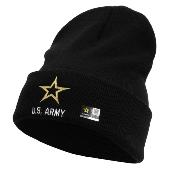Star US Army Embroidered 12 Inch Long Knitted Beanie - Black OSFM