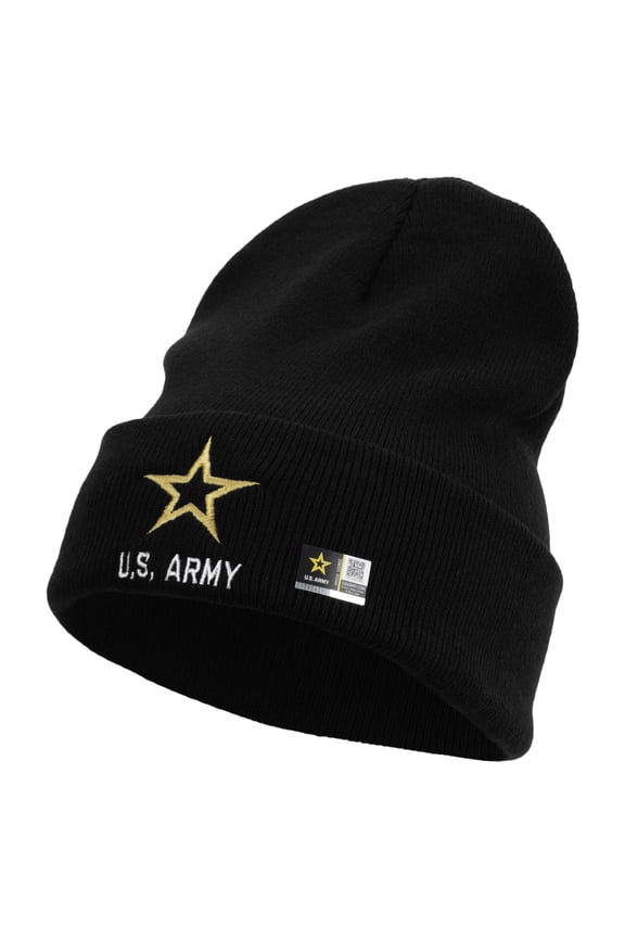 Star US Army Embroidered 12 Inch Long Knitted Beanie - Black OSFM