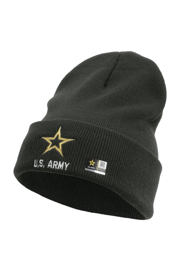Star US Army Embroidered 12 Inch Long Knitted Beanie - Dk Grey OSFM