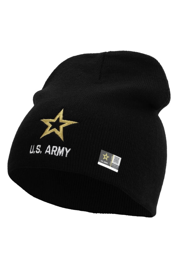 Star US Army Embroidered 8 Inch Knitted Short Beanie - Black OSFM