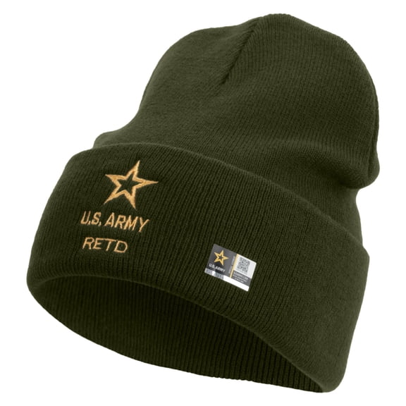 Star US Army Retired Military Embroidered 12 Inch Long Knitted Beanie - Dk Green OSFM