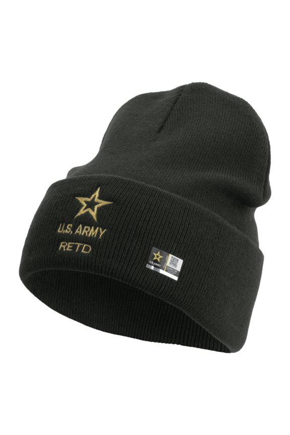 Star US Army Retired Military Embroidered 12 Inch Long Knitted Beanie - Dk Grey OSFM