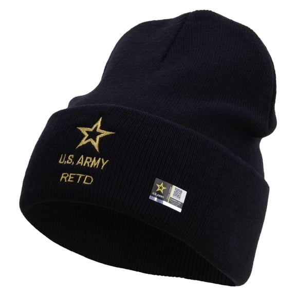 Star US Army Retired Military Embroidered 12 Inch Long Knitted Beanie - Navy OSFM