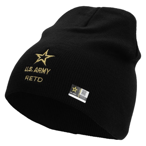 Star US Army Retired Military Embroidered 8 Inch Knitted Short Beanie - Black OSFM