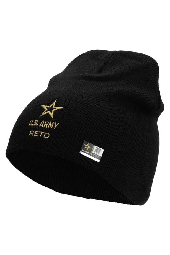 Star US Army Retired Military Embroidered 8 Inch Knitted Short Beanie - Black OSFM