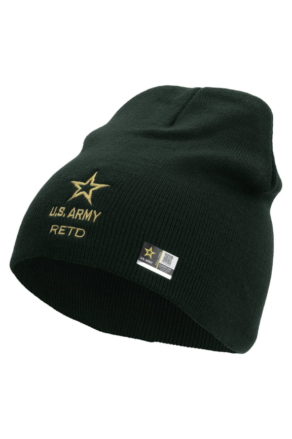 Star US Army Retired Military Embroidered 8 Inch Knitted Short Beanie - Dk Green OSFM