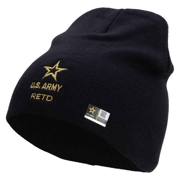 Star US Army Retired Military Embroidered 8 Inch Knitted Short Beanie - Navy OSFM