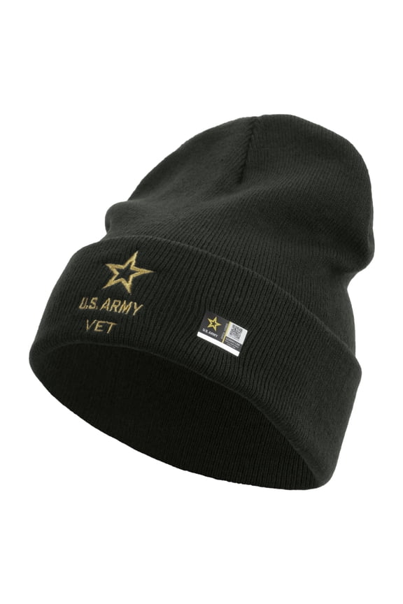 Star US Army Veteran Military Embroidered 12 Inch Long Knitted Beanie - DK Grey OSFM
