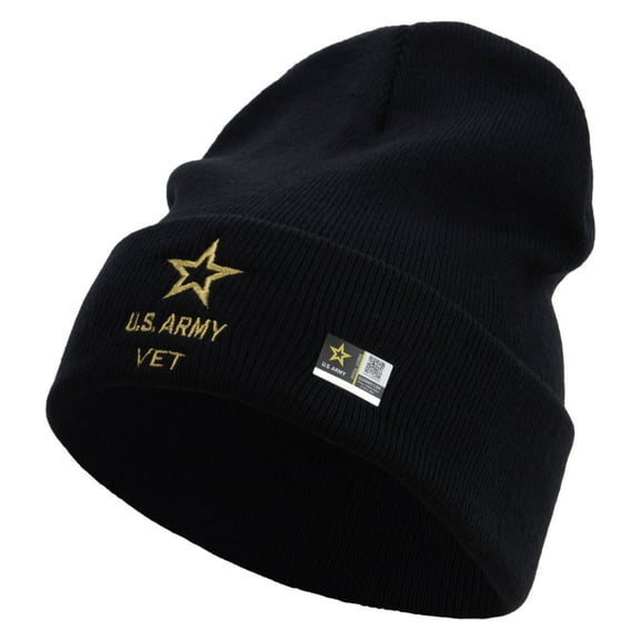 Star US Army Veteran Military Embroidered 12 Inch Long Knitted Beanie - Navy OSFM