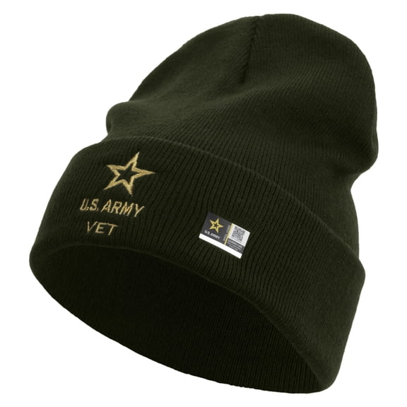 Star US Army Veteran Military Embroidered 12 Inch Long Knitted Beanie - Olive OSFM