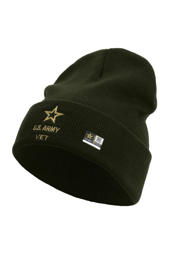 Star US Army Veteran Military Embroidered 12 Inch Long Knitted Beanie - Olive OSFM
