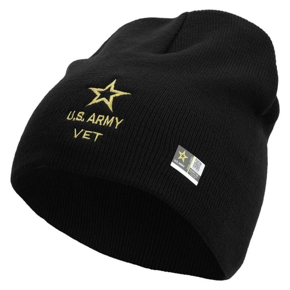 Star US Army Veteran Military Embroidered 8 Inch Knitted Short Beanie - Black OSFM