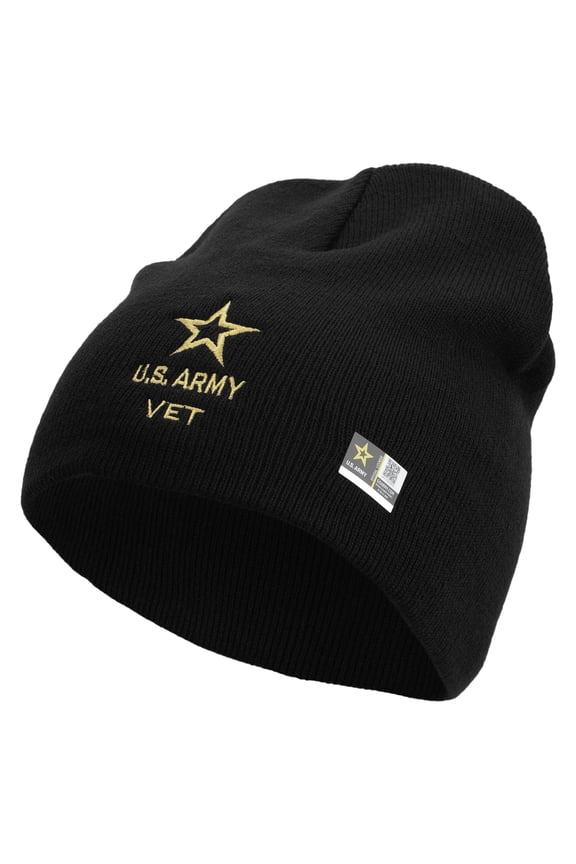 Star US Army Veteran Military Embroidered 8 Inch Knitted Short Beanie - Black OSFM