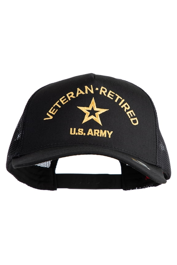 Star US Army Veteran Retired Embroidered Solid Cotton Twil 5 panel Mesh Back Cap - Black OSFM