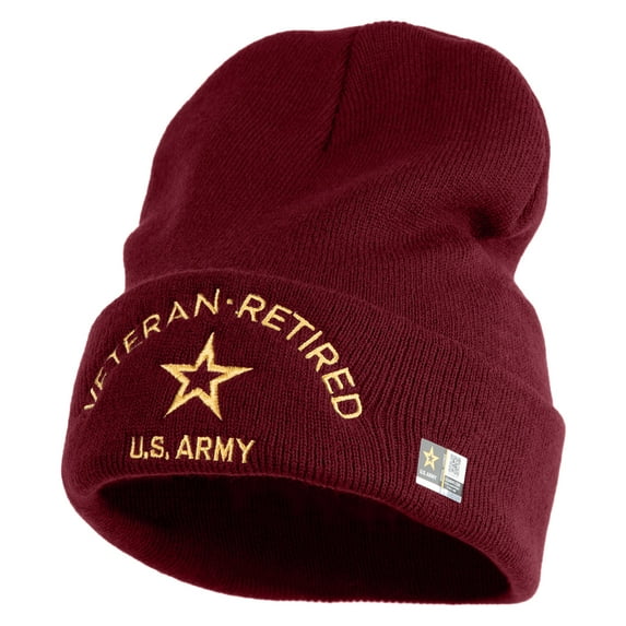 Star US Army Veteran Retired Logo Embroidered 12 Inch Long Knitted Beanie - Maroon OSFM
