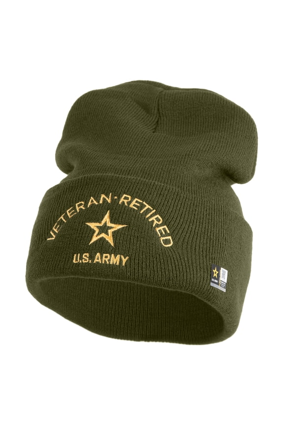 Star US Army Veteran Retired Logo Embroidered 12 Inch Solid Knit Cuff Long Beanie Made in USA - Olive OSFM