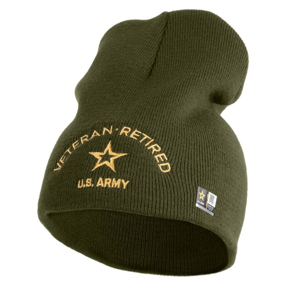 Star US Army Veteran Retired Symbol Embroidered 8 Inch Solid Knit Short Beanie Made in USA - Olive OSFM