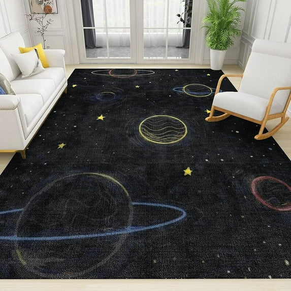 Star Universe Planet Area Rug Modern Simple Mysterious Starry Sky Living Room Rugs, Indoor Non-Slip Rugs, Machine Washable Breathable Durable Carpet For Front Entrance Floor Decor 5x6ft