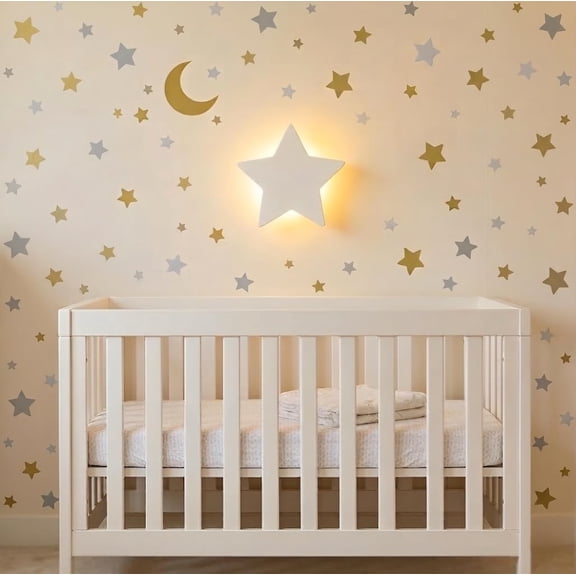 Star Wall Light for Nursery Crib and Toddlers Night Light - Rechargeable & Dimmable Warm Light - 106 Pcs Moon and Star Decals Included
