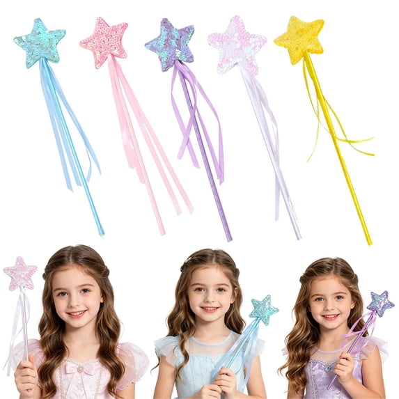 Star Wand for Kids with Glitter Star Top and Ribbon Streamers, Princess Magic Wand Toy for Girls Dress Up Party Favor, Fairy Costume Accessory for Birthday Celebration