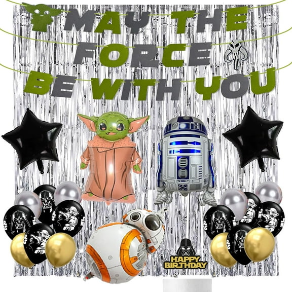 Star War Birthday Party Decorations, May KKS1the Force Be With You Banner, Silver Fringe Curtain, Space Alien Balloons Caketopper Kit, 24 Pcs Spce Alien Bday Party Supplies Set for Boys