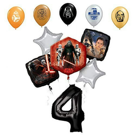 Star Wars 4th Birthday Party Supplies Foil Balloon Bouquet Decorations with 5pc Star Wars 11" Character Print Latex Balloons Chewbacca, Darth Vader, C3PO, R2D2 and BB8