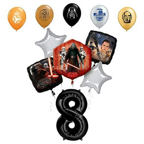 Star Wars 8th Birthday Party Supplies Foil Balloon Bouquet Decorations with 5pc Star Wars 11" Character Print Latex Balloons Chewbacca, Darth Vader, C3PO, R2D2 and BB8
