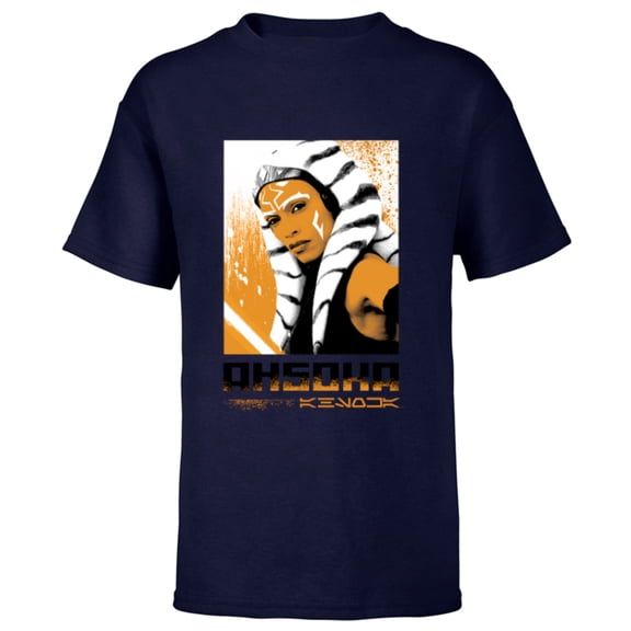 Star Wars Ahsoka Face and Name in Aurebesh Disney Series - Short Sleeve T-Shirt for Kids - Customized-Navy
