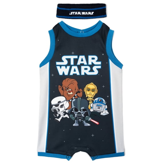 Star Wars Baby Boys' Athletic Sleeveless Romper and Sweatband Set Navy