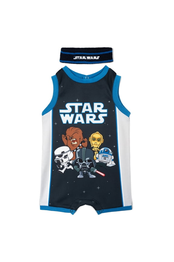 Baby Boys' Sleeveless Athletic Mesh Romper and Headband Set Navy Space with Darth Vader, Chewbacca, R2-D2, and C-3PO
