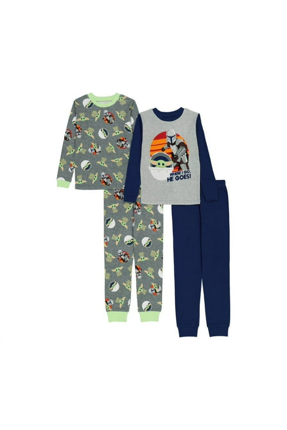 Baby Yoda Boys Classic Long Sleeve Long Leg Cotton 4-Piece Pajama Set, Sizes 4-10