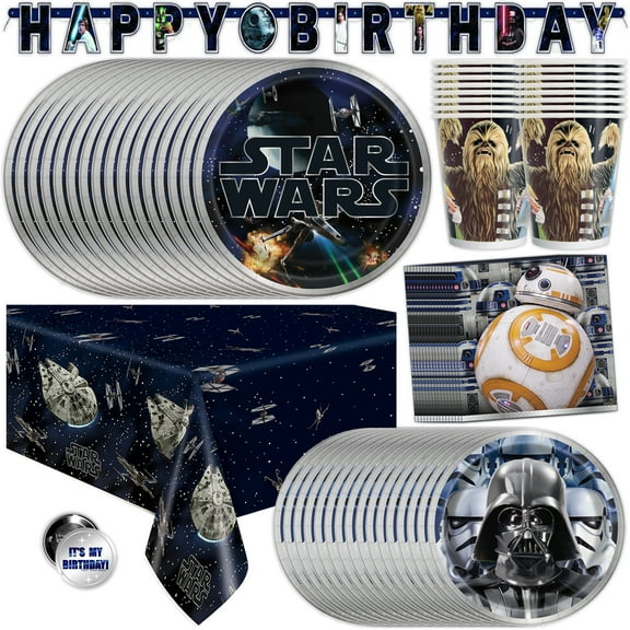 Star Wars Birthday Decorations | Star Wars Party Decorations | Serves 16 Guests | Banner, Tablecloth, Dinner & Cake Plates, Cups, Napkins, Button