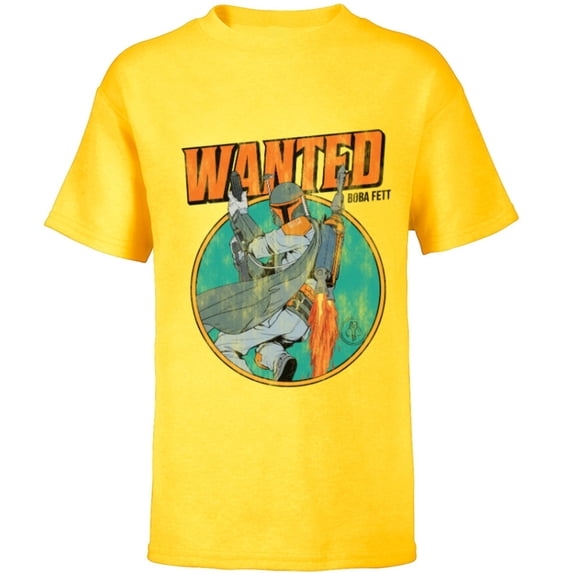 Star Wars Boba Fett Wanted Distressed Mandalorian - Short Sleeve T-Shirt for Kids -Customized-Yellow