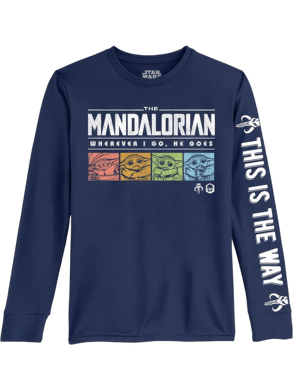 Star Wars Boy's Mandalorian Grogu Long Sleeve T-Shirt, Navy Blue, Size Medium (10/12)