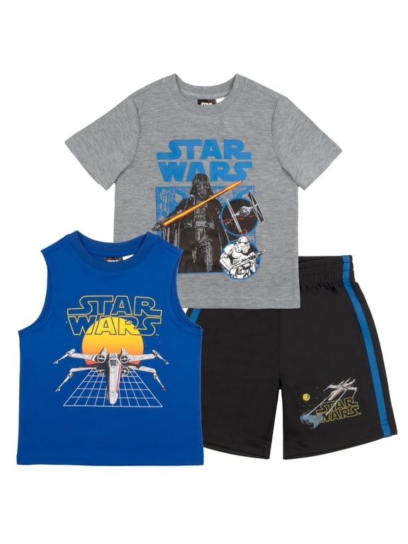 Boys 3 Piece Short Set Star Wars Short Sleeve Shirt Tank Top Shirt and Shorts 3 Pack Bundle Set for Kids Toddlers (Size 3T-8)