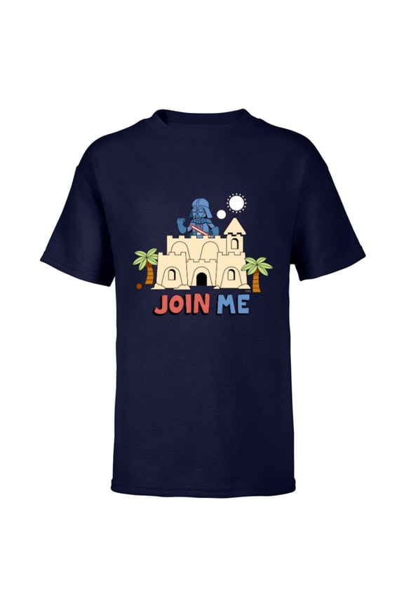 Darth Vader Sand Castle Summer Beach Join Me Funny - Short Sleeve T-Shirt for Kids - Customized-Navy