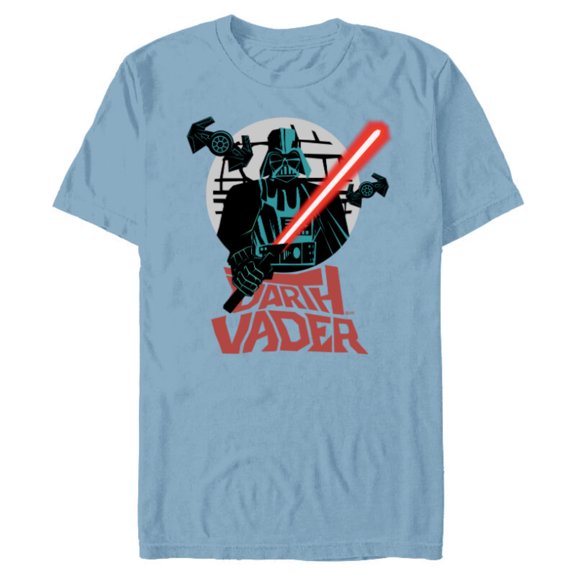 Star Wars Darth Vader with Lightsaber Block Print Style - Short Sleeve Blended T-Shirt for Adults - Customized-Ocean Blue