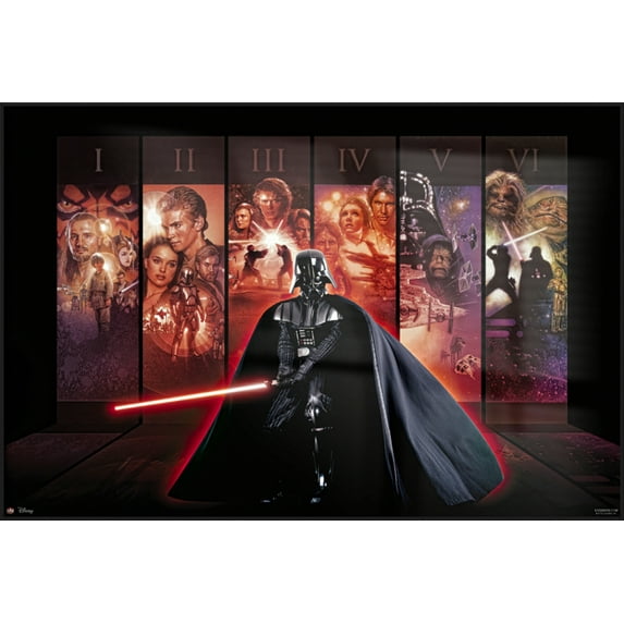 Star Wars: Episode I & II & III & IV & V & VI - Anthology - Framed Movie Poster (Darth Vader / Movie Poster Backdrop) (Size: 37" X 25") (Black Aluminum Frame)