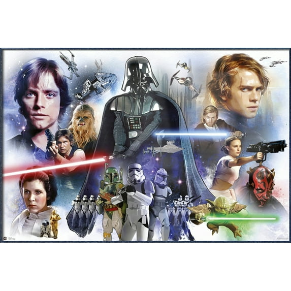 Star Wars: Episode I & II & III & IV & V & VI - Anthology II - Framed Movie Poster (Character Montage / White) (Size: 37" X 25") (Orbit Blue Aluminum Frame)