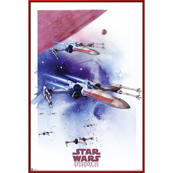 Star Wars: Episode IV - A New Hope - Framed Movie Poster (Space Battle - Watercolor Art) (Size: 25" X 37") (Red Plastic Frame)