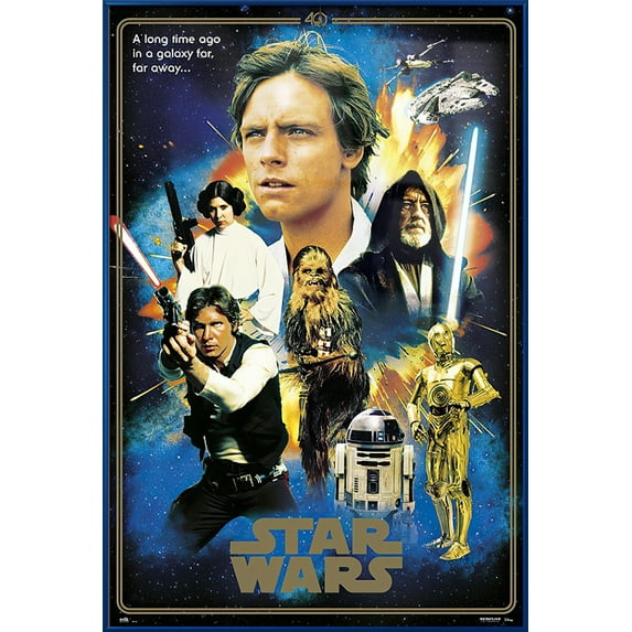 Star Wars: Episode IV - A New Hope - 40Th Anniversary Edition - Framed Movie Poster (The Heroes - Golden Border) (Size: 25" X 37") (Metallic Blue Plastic Frame)
