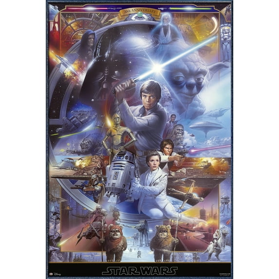 Star Wars: Episode IV & V & VI - Framed Movie Poster (Anniversary Edition - Character & Spaceship Montage) (Size: 25" X 37") (Orbit Blue Aluminum Frame)
