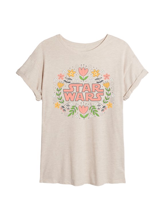 - Spring Floral Logo - Juniors Oversized Graphic T-Shirt