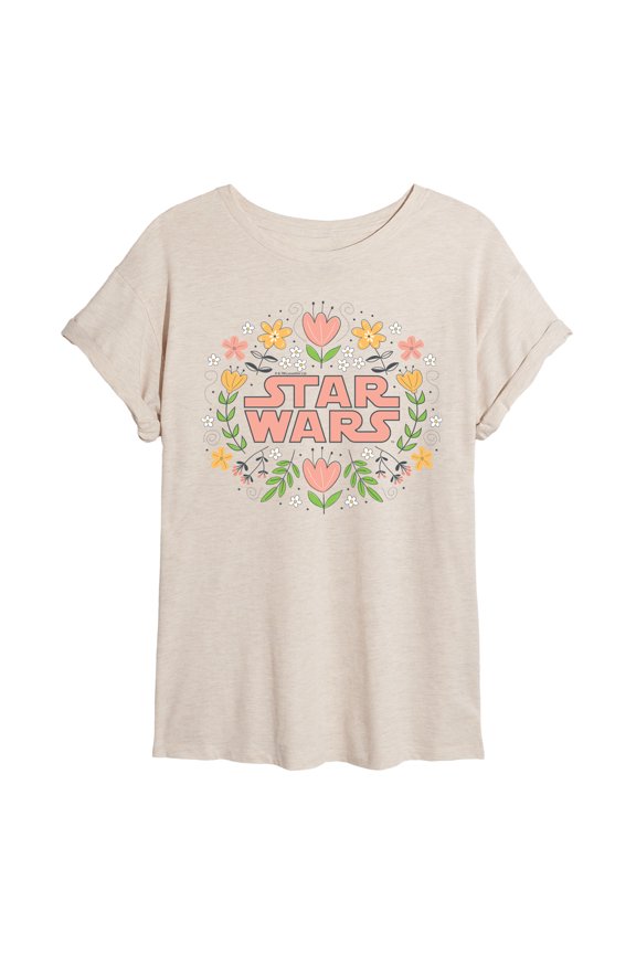 - Spring Floral Logo - Juniors Oversized Graphic T-Shirt