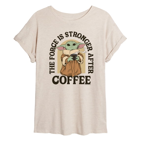 The Mandalorian - Force Stronger After Coffee - Juniors Oversized Graphic T-Shirt