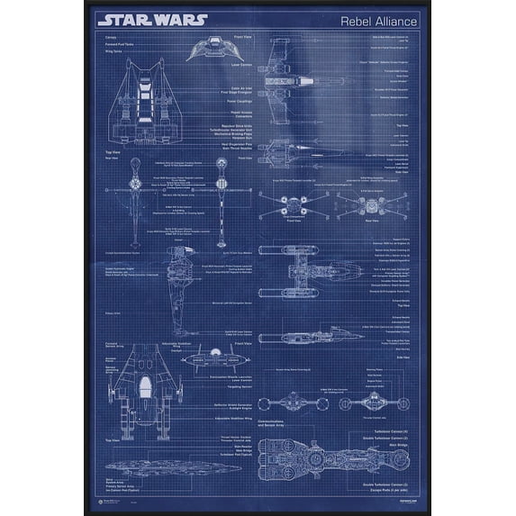 Star Wars - Framed Movie Poster (The Rebel Alliance Fleet Ships - Blueprints / Schematics) (Size: 25" X 37") (Black Aluminum Frame)