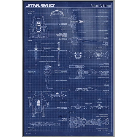Star Wars - Framed Movie Poster (The Rebel Alliance Fleet Ships - Blueprints / Schematics) (Size: 25" X 37") (Silver Aluminum Frame)