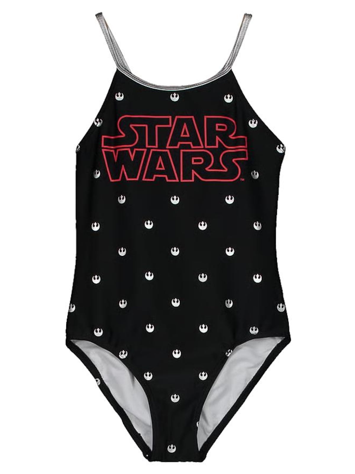 Star Wars Women's Swimsuit — Retro Striped One-Piece, Silver Foil Logo, Black Bathing Suit For Pool Or Beach