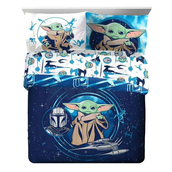 Star Wars Grogu Blue 7 Piece Full bed Set w/ Sham, 100% Microfiber
