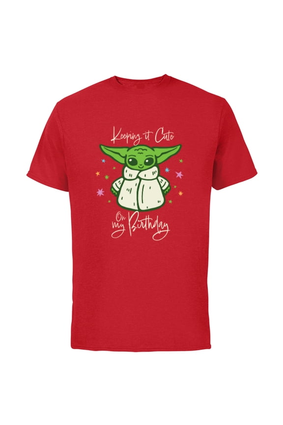 Grogu Mandalorian Keeping It Cute on My Birthday - Short Sleeve Cotton T-Shirt for Adults - Customized-Red